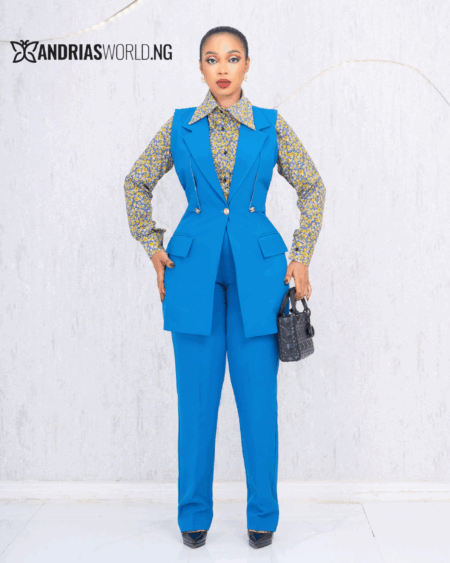 BLUE THREE PIECE TROUSER SET WITH FLORAL SHIRT